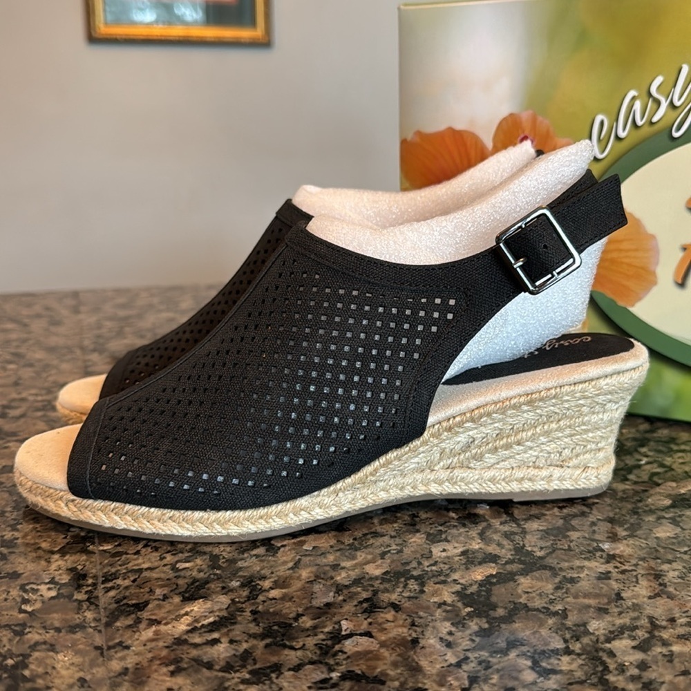 Easy street black Linen Stacy wedge espadrilles sandals 8 NIB - Picture 5 of 9